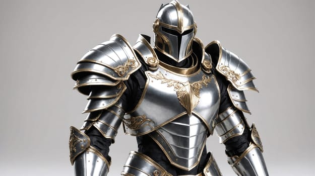 The image features a full-body view of a knight's armor, capturing the detail of the metal plating and gold accents. The armor is sleek and imposing, with a helmet covering the head.