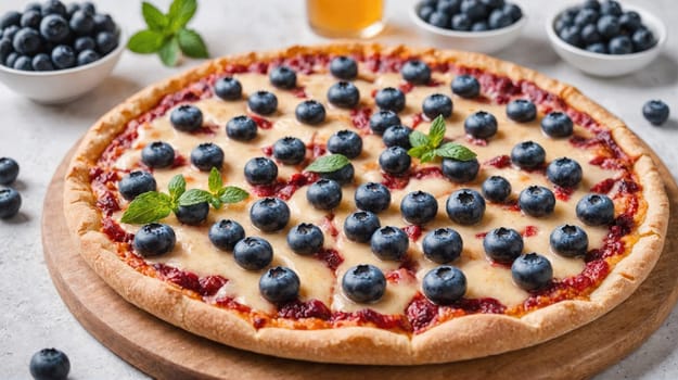 A close-up of a round pizza topped with a red sauce, white cheese, and blueberries. The pizza is sitting on a wooden cutting board, and there are blueberries scattered around the pizza.