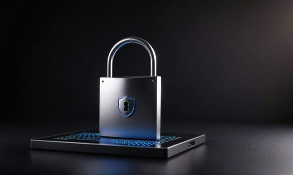 A silver padlock with a shield design is placed on a tablet device with glowing blue keys. The background is a dark, muted gray.