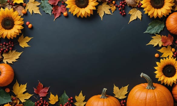 A dark background is adorned with a frame of fall foliage. Pumpkins, sunflowers, and leaves are arranged around the perimeter, creating a seasonal border.