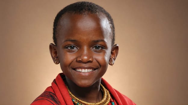 A young girl with dark skin and short black hair smiles widely. She is wearing a red and patterned shirt and multiple necklaces.