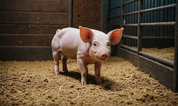 A small, pink piglet with large ears stands in a barn. The piglet is facing the camera and has a slight smile on its face. The barn floor is covered in a layer of sawdust.