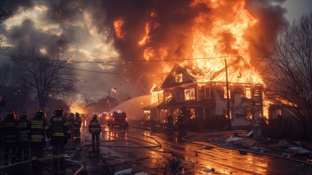 A big fire in a private house. The house is on fire. The house is on fire.