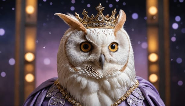 A white owl with yellow eyes sits against a purple and gold backdrop. The owl is wearing a gold crown and a purple robe with a gold necklace.