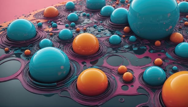 The image shows a vibrant abstract scene featuring multiple blue and orange spheres of varying sizes.