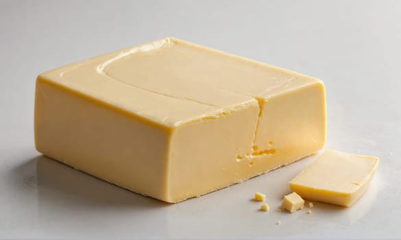 A block of butter sits on a white surface. A small piece of butter has been broken off and sits next to the larger piece.