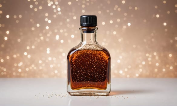 A small glass bottle filled with brown liquid sits on a white surface. The bottle has a black lid and is slightly tilted. The background is out of focus and shows small, golden lights.