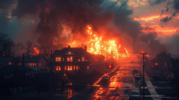 A big fire in a private house. The house is on fire. The house is on fire.