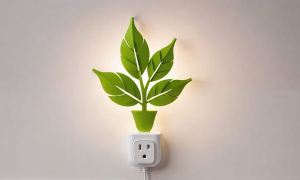 A green plant nightlight is plugged into an outlet on a white wall. The nightlight is shaped like a plant with three leaves and a pot. The light is on, casting a warm glow.
