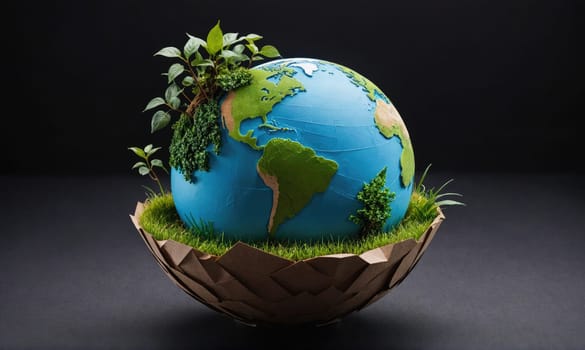 A globe with continents depicted in green and oceans in blue is surrounded by grass and plants, and sits within a brown, textured, bowl-like structure. The background is a dark grey color.