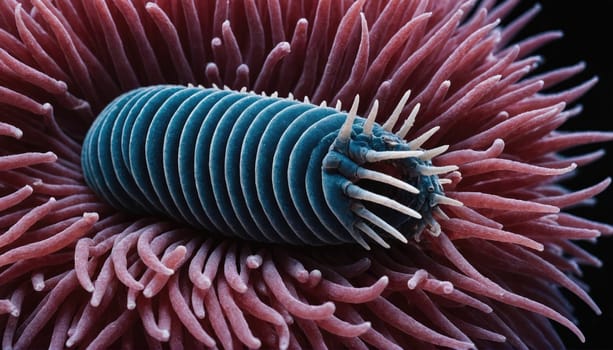 A close-up of a blue worm with segmented body and white bristles nestled inside a pink, tentacled organism.