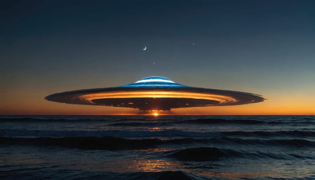 A large, round cloud formation with concentric rings of orange and blue hues hangs low in the sky above a dark ocean. The sun is setting in the distance, casting an orange glow across the sky.