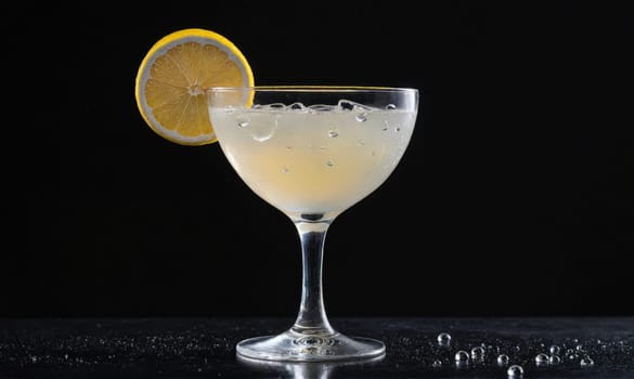 A single glass of a light-colored cocktail sits on a dark, wet surface. The glass has a tall stem and a round bowl, and is filled with a pale yellow liquid. Ice cubes are visible within the drink.