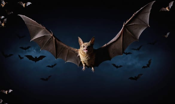 A brown bat flies in front of a dark blue sky. It has its wings spread wide, and other bats are flying in the background.