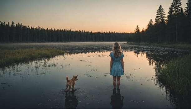 A woman in a blue dress stands in shallow water in a still lake. Her dog is swimming in front of her. Tall trees line the shoreline of the lake.