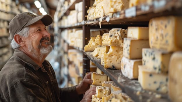 A male cheese maker checks the cheese in the cellar. cheese heads are laid on wooden shelves, the process of cooking is homemade.
