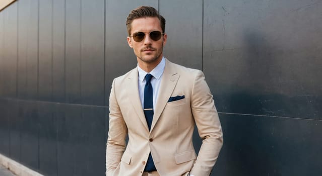 A man is standing outdoors against a dark grey wall. He is wearing a tan suit jacket, a white collared shirt, a dark blue tie, and sunglasses. He is looking directly at the camera.
