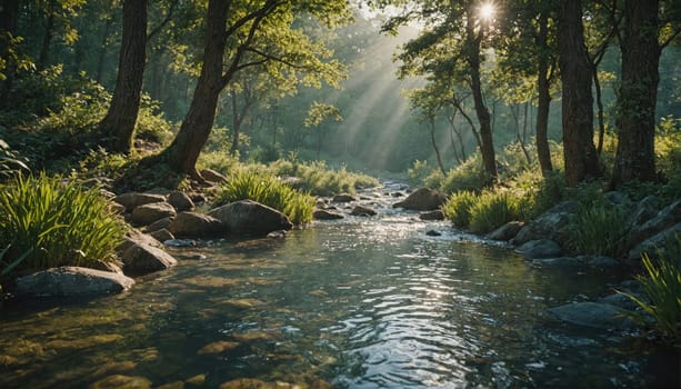 A peaceful creek flows through a forest, its surface reflecting the sunlight filtering through the trees. Lush greenery surrounds the water, creating a serene and idyllic scene.