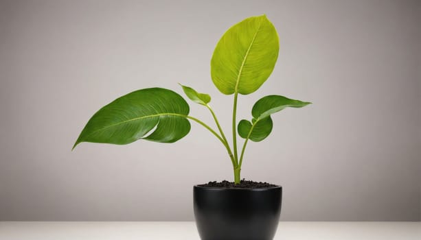 A potted plant with several large green leaves growing from a single stem. The plant is in a black pot and is on a white surface against a plain white background.