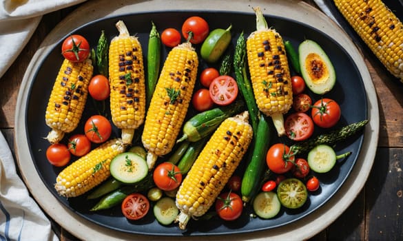 Grilled corn on the cob, tomatoes, cucumbers, and green beans are arranged on a black oval platter.