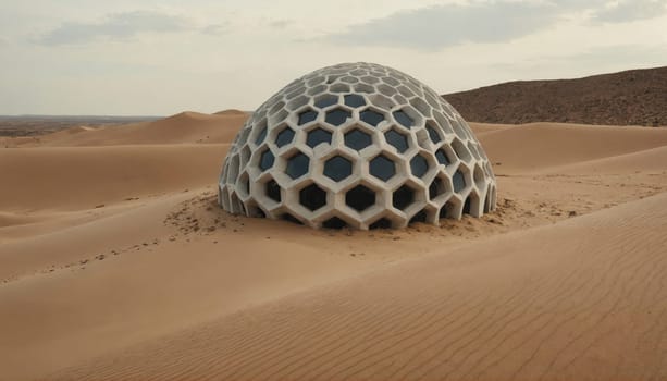 A large, hexagonal dome sits partially buried in a sandy desert landscape. The dome is made of concrete or stone and has a honeycomb pattern.