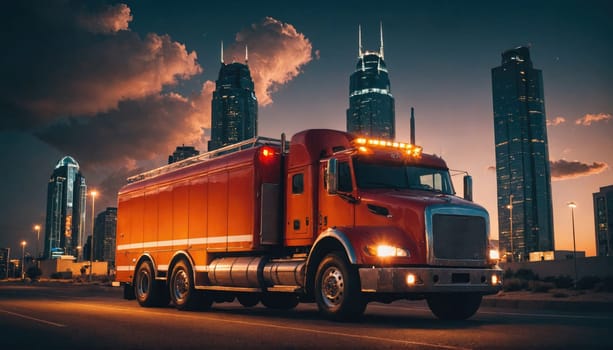 A large red truck drives down a city street at dusk. Tall buildings rise on either side of the street. The sky is a dusky orange with dark clouds.