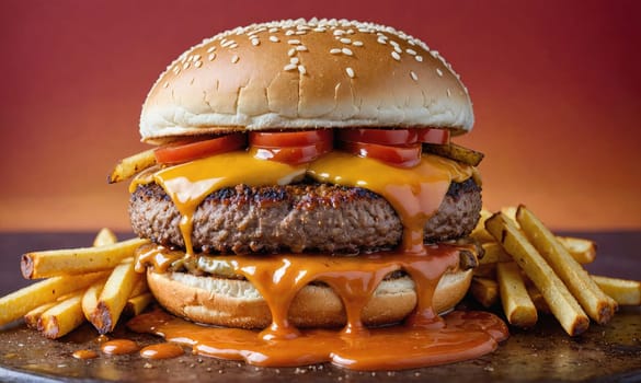 A cheeseburger with two patties, cheese, and tomato is piled high with fries on the side. The burger is covered in a sauce.