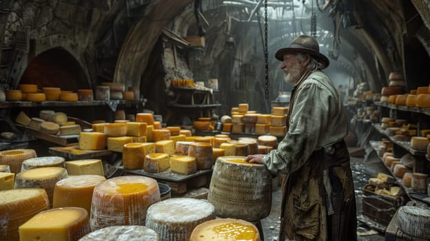 A male cheese maker checks the cheese in the cellar. cheese heads are laid on wooden shelves, the process of cooking is homemade.