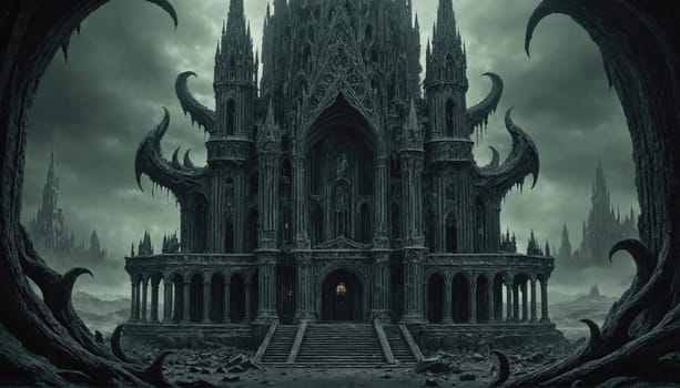 A large, imposing cathedral with intricate details is framed by looming, twisted branches. The structure has a sense of age and neglect, with weathered stone and crumbling walls.