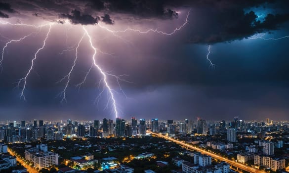A city skyline at night is illuminated by lightning strikes. The storm clouds are dark and ominous, but the city lights below continue to shine.