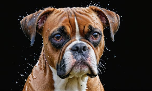 A close-up of a brown and white boxer dog with wet fur, looking at the camera. The dog is in focus, while the background is blurred. Water droplets are visible around the dog.