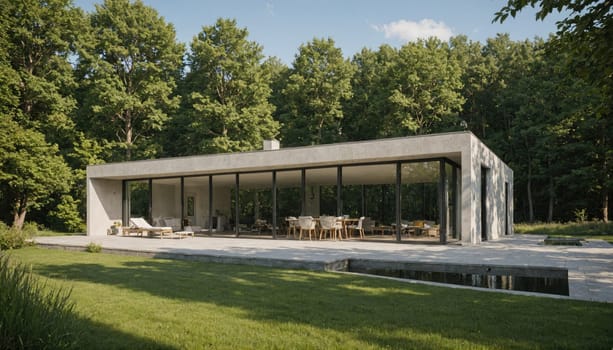 A modern, minimalist home with large windows is surrounded by trees and a grassy lawn. A small swimming pool can be seen in the foreground.
