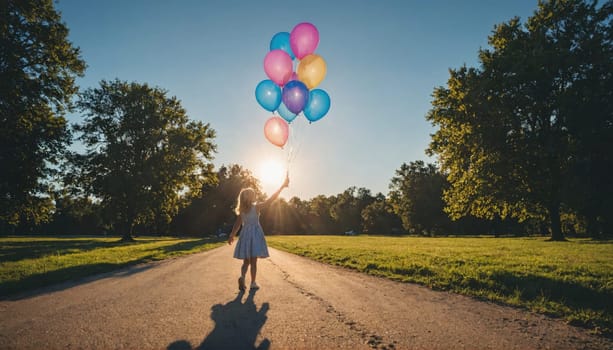A young girl wearing a light blue dress walks down a dirt road on a sunny afternoon. She is holding a bunch of brightly colored balloons.