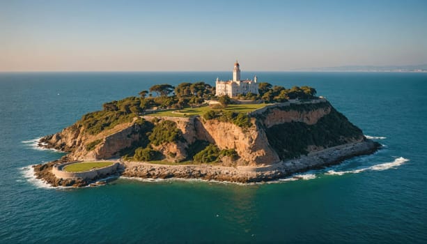 A small, rocky island with a white building sits in the middle of the blue ocean. Green trees and vegetation cover the island's slopes, creating a contrast with the blue sky above.