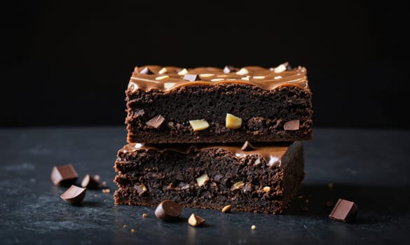A close-up of two rich, fudgy brownies stacked on a black surface. The brownies are topped with chocolate chips and have a glossy finish. Chocolate chips are scattered around the brownies.