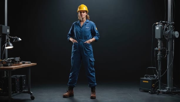 A woman with short brown hair wearing a yellow hard hat and blue overalls stands in a dark studio setting. She is looking at the camera with her hands in her pockets.