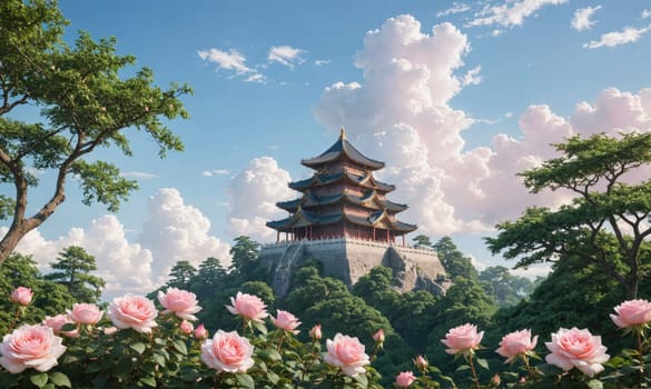 The image showcases a traditional Chinese pagoda perched atop a forested hill. The pagoda, with its layered roof and intricate details, dominates the scene.