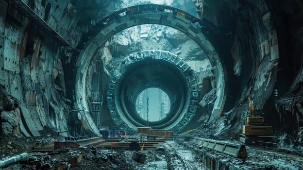 Construction of a tunnel of a high-speed railway line. Construction of a large tunnel in the mountain.