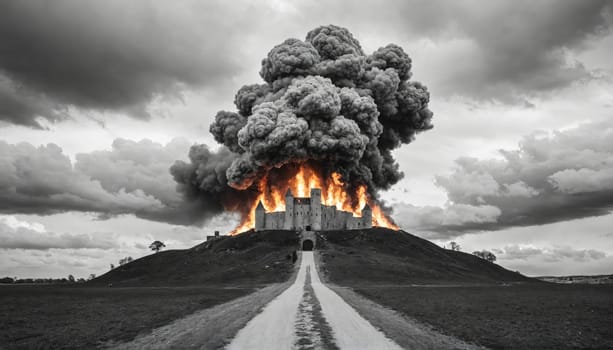 A large castle sits on a hill, surrounded by a massive cloud of black smoke. Flames are visible around the base of the castle, and the smoke is billowing upwards.