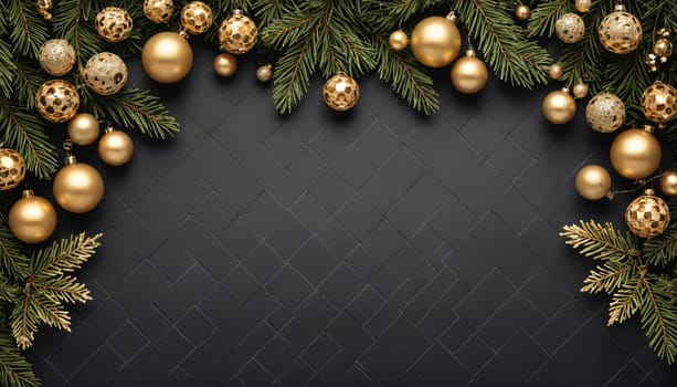 A black background with a border of gold ornaments and pine branches on the top and right sides.