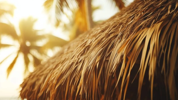 Tropical thatched roof detail with a sunlit background of palm trees, creating an exotic ambiance. ideal for summer-themed designs, travel brochures, and nature-inspired prints.