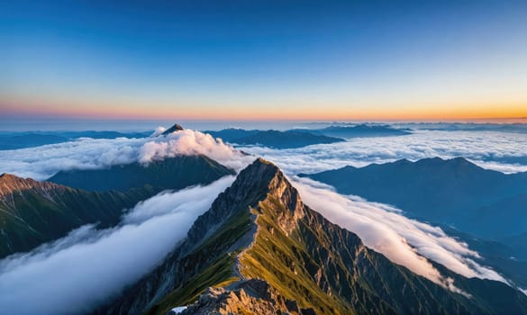 The image shows a view from a mountain peak, with rolling hills in the foreground and a vast expanse of clouds stretching out in the distance.