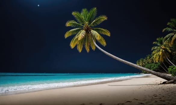 The image shows a sandy beach with calm, blue water lapping the shore. A single palm tree leans over the beach, its leaves backlit by the moon in the dark sky.