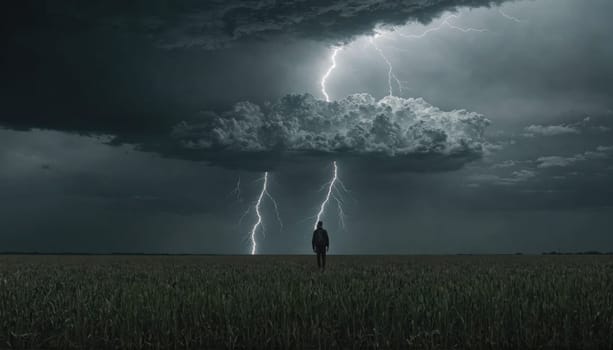 A single person stands in a field of grass as a large, dark storm cloud passes overhead. Lightning strikes illuminate the sky.