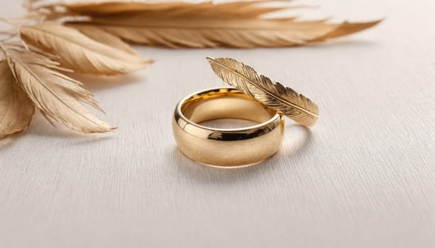 A gold wedding band and a gold feather lay on a white surface, surrounded by other gold feathers.
