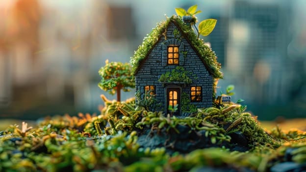 A miniature wooden house in the grass, moss on a sunny day. Eco-house. The concept of green and environmentally friendly housing.