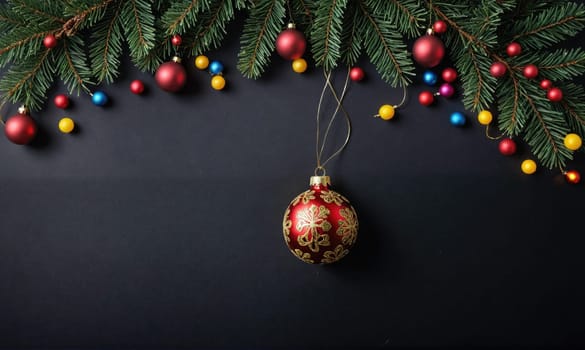 A single, red Christmas ornament with gold detailing hangs on a string. The ornament hangs below a fir branch with pine needles that are partially covering the frame.
