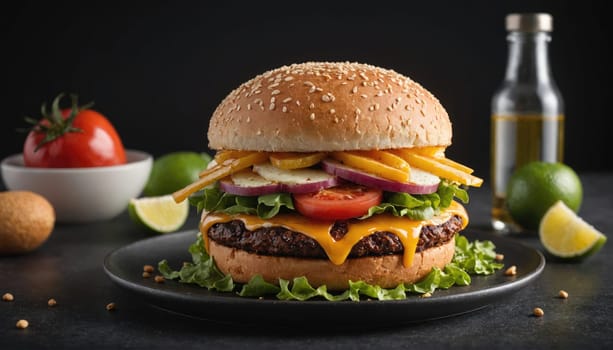 A close-up shot of a cheeseburger with melted cheese, lettuce, tomato, and onion, on a black plate. A bottle of oil and limes are in the background.