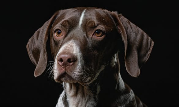 A German Shorthaired Pointer, with black and white fur, looks directly at the camera. Its ears are perked up, and its eyes are focused. The background is a solid black.