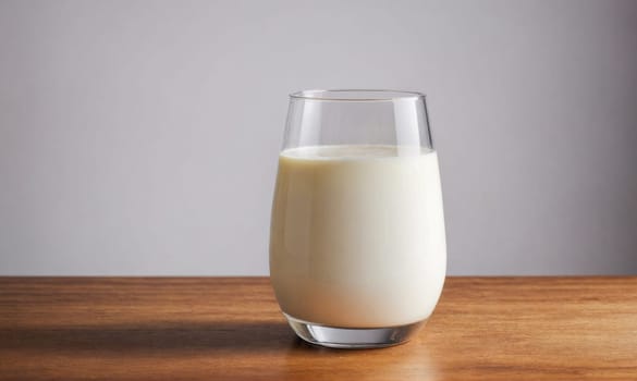 A full glass of milk sits on a wooden table. The glass is clear and the milk is white. The background is a light gray.